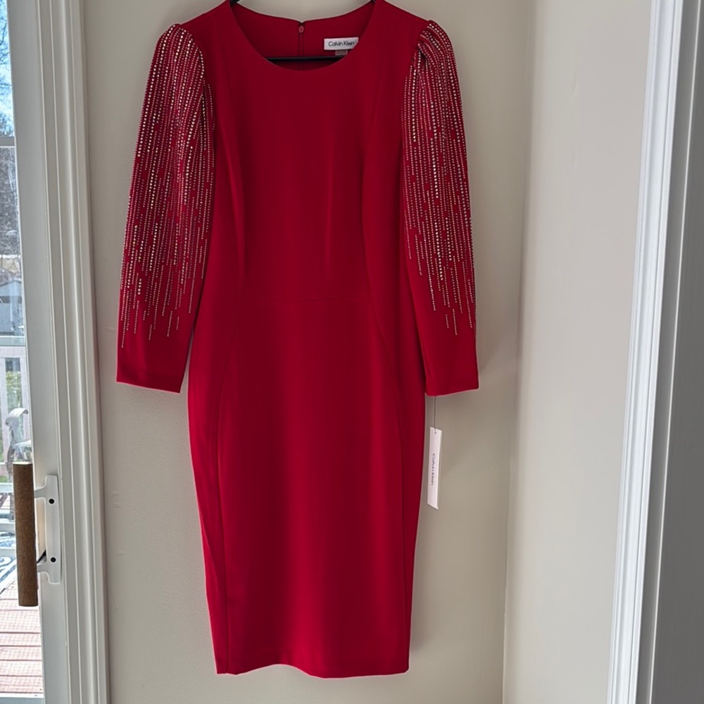 Calvin Klein Red Beaded Sleeve Dress